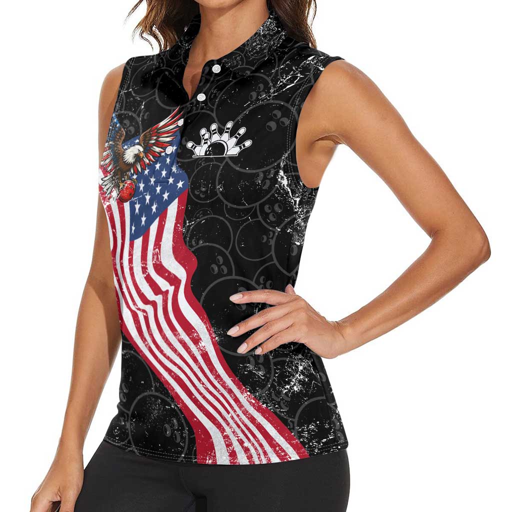 American Eagle Bowling Women Sleeveless Polo Shirt with Distressed Flag and Grunge Pattern in Red White and Blue - Wonder Print Shop