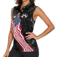 American Eagle Bowling Women Sleeveless Polo Shirt with Distressed Flag and Grunge Pattern in Red White and Blue - Wonder Print Shop