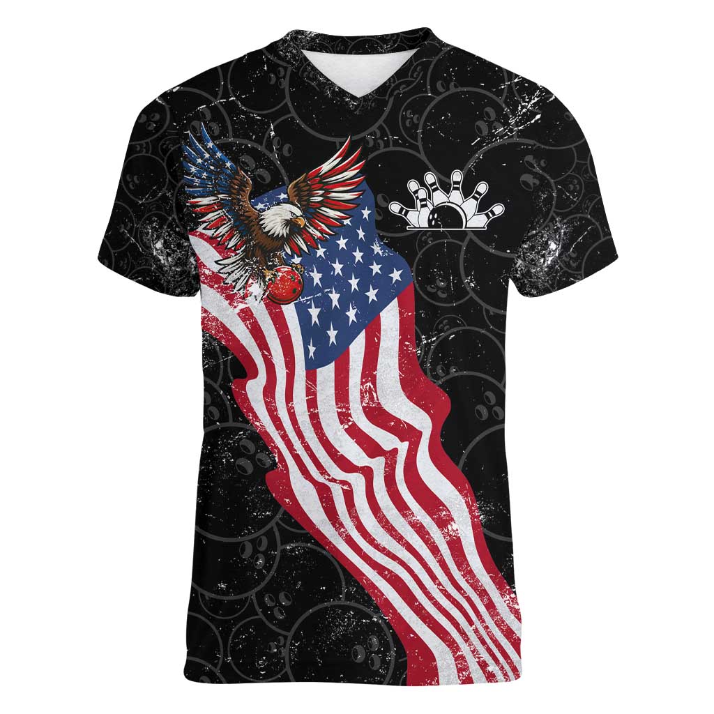 American Eagle Bowling Women V-Neck T-Shirt with Distressed Flag and Grunge Pattern in Red White and Blue - Wonder Print Shop