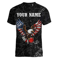 American Eagle Bowling Women V-Neck T-Shirt with Distressed Flag and Grunge Pattern in Red White and Blue - Wonder Print Shop