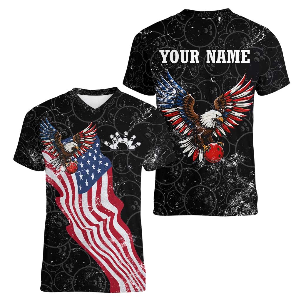 American Eagle Bowling Women V-Neck T-Shirt with Distressed Flag and Grunge Pattern in Red White and Blue - Wonder Print Shop
