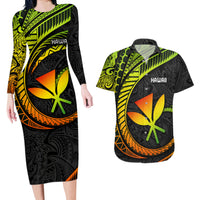 Hawaii Kanaka Maoli Couples Matching Long Sleeve Bodycon Dress and Hawaiian Shirt Polynesian Tornado Infusion Gradient - Wonder Print Shop