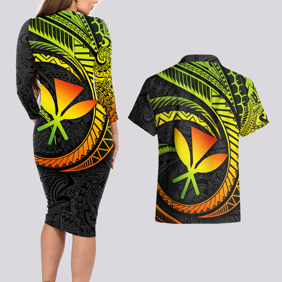 Hawaii Kanaka Maoli Couples Matching Long Sleeve Bodycon Dress and Hawaiian Shirt Polynesian Tornado Infusion Gradient - Wonder Print Shop