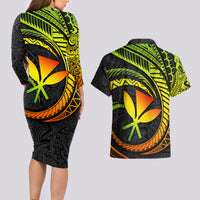 Hawaii Kanaka Maoli Couples Matching Long Sleeve Bodycon Dress and Hawaiian Shirt Polynesian Tornado Infusion Gradient - Wonder Print Shop