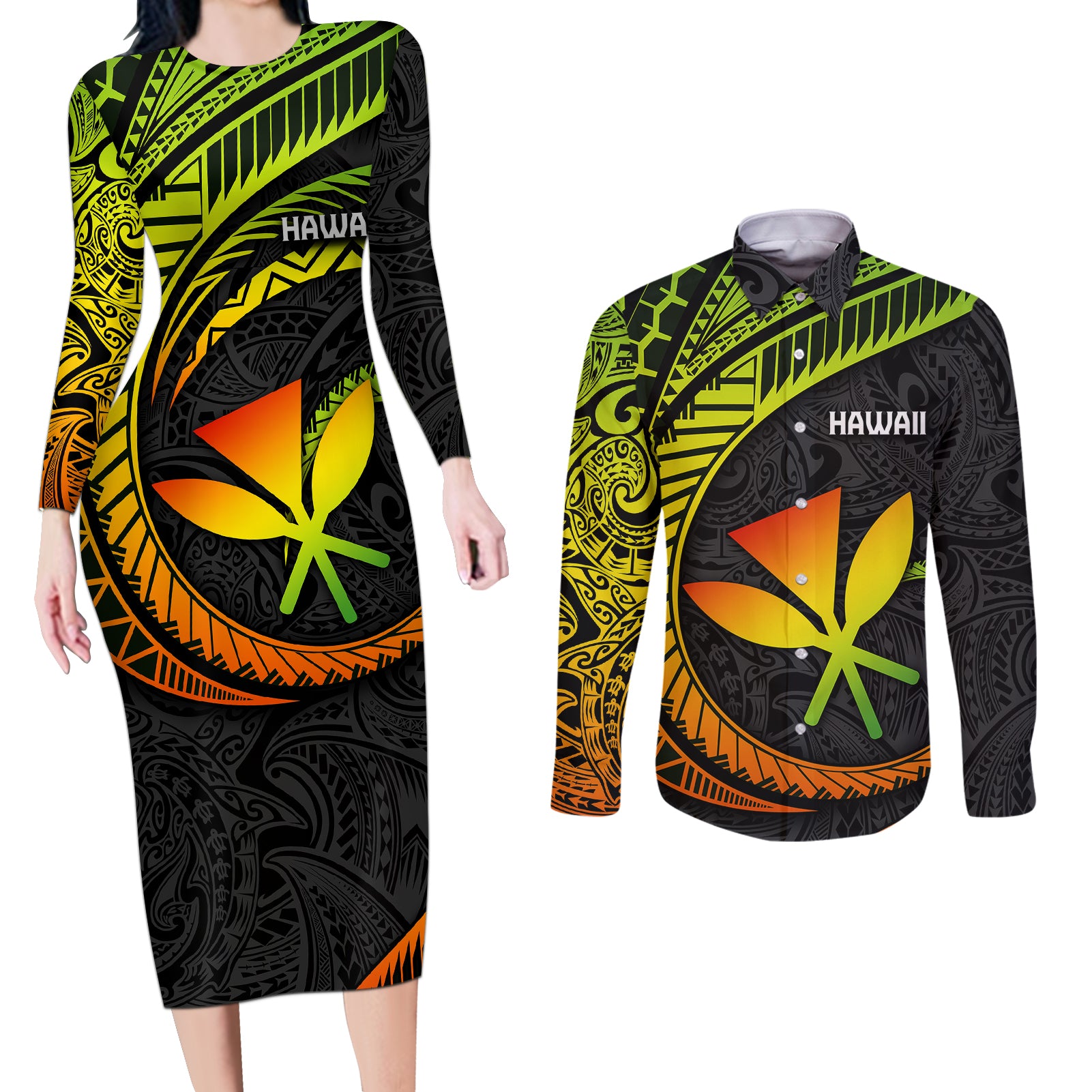 Hawaii Kanaka Maoli Couples Matching Long Sleeve Bodycon Dress and Long Sleeve Button Shirts Polynesian Tornado Infusion Gradient - Wonder Print Shop