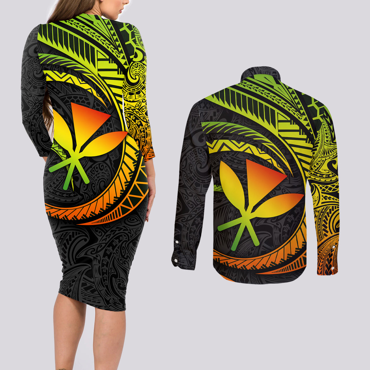 Hawaii Kanaka Maoli Couples Matching Long Sleeve Bodycon Dress and Long Sleeve Button Shirts Polynesian Tornado Infusion Gradient - Wonder Print Shop