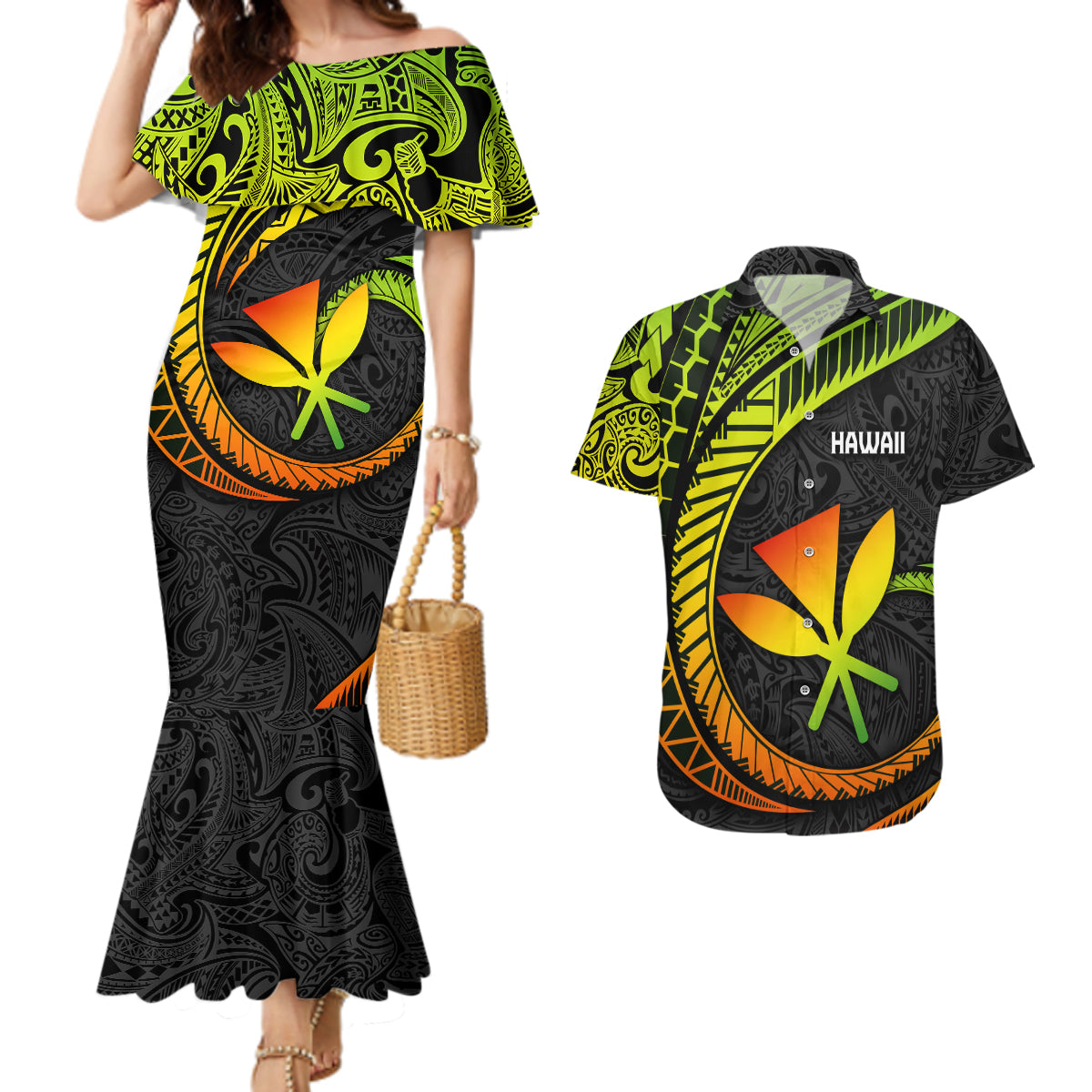 Hawaii Kanaka Maoli Couples Matching Mermaid Dress and Hawaiian Shirt Polynesian Tornado Infusion Gradient - Wonder Print Shop
