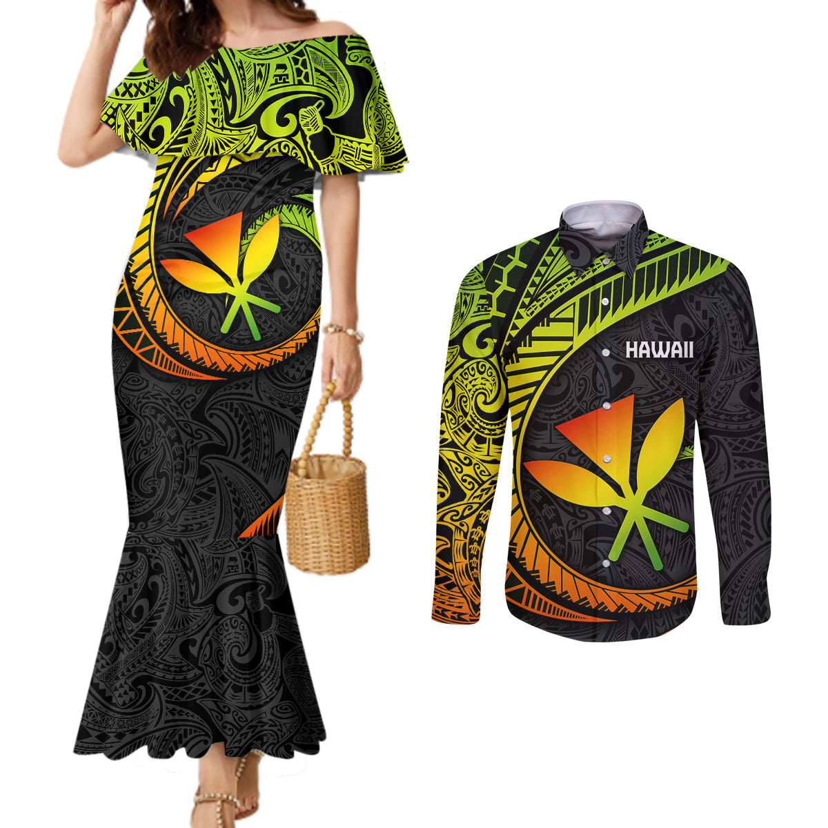 hawaii-kanaka-maoli-couples-matching-mermaid-dress-and-long-sleeve-button-shirts-polynesian-tornado-infusion-gradient