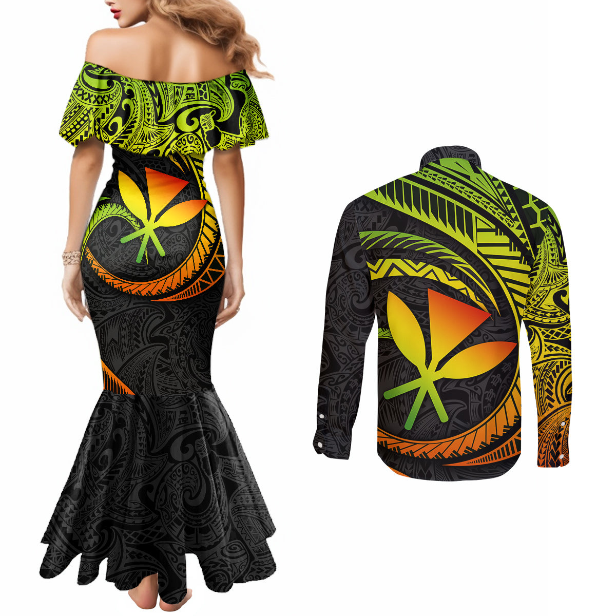 hawaii-kanaka-maoli-couples-matching-mermaid-dress-and-long-sleeve-button-shirts-polynesian-tornado-infusion-gradient