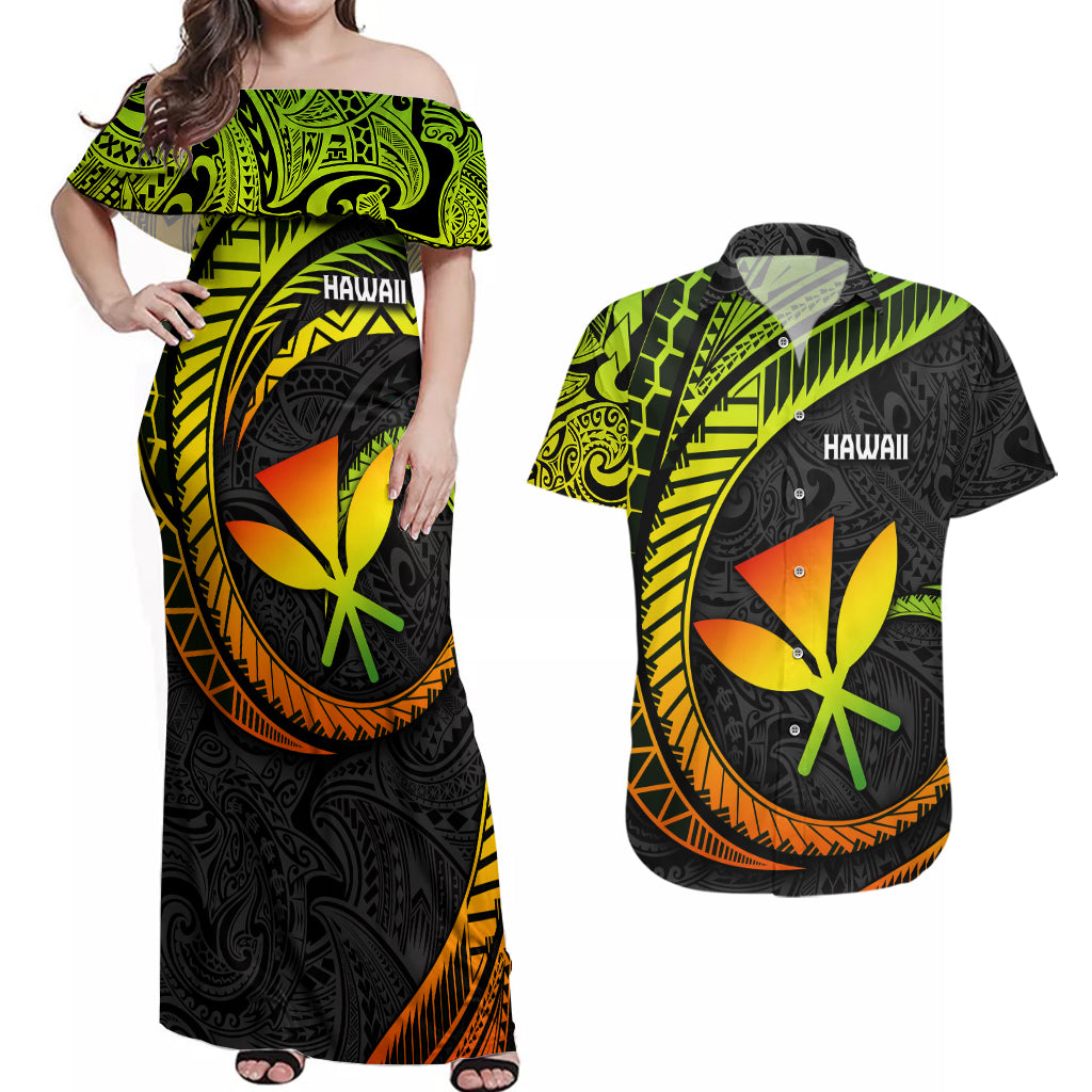 Hawaii Kanaka Maoli Couples Matching Off Shoulder Maxi Dress and Hawaiian Shirt Polynesian Tornado Infusion Gradient - Wonder Print Shop