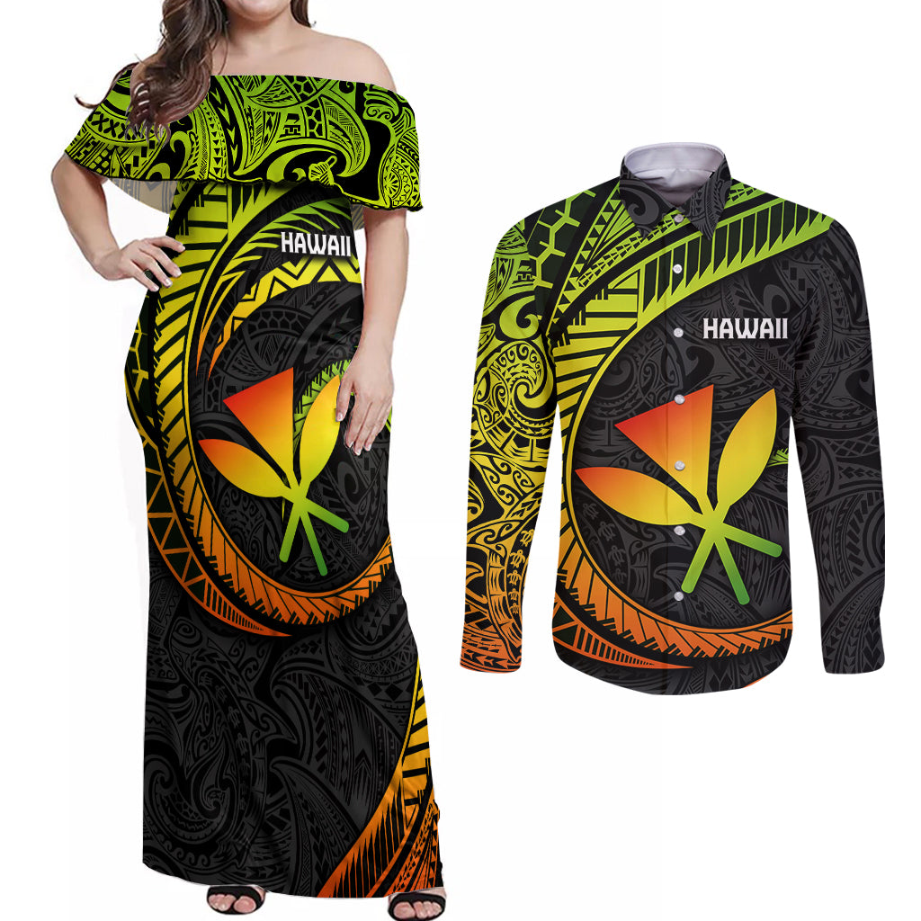 Hawaii Kanaka Maoli Couples Matching Off Shoulder Maxi Dress and Long Sleeve Button Shirts Polynesian Tornado Infusion Gradient - Wonder Print Shop