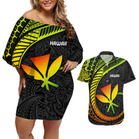 Hawaii Kanaka Maoli Couples Matching Off Shoulder Short Dress and Hawaiian Shirt Polynesian Tornado Infusion Gradient - Wonder Print Shop