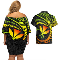 Hawaii Kanaka Maoli Couples Matching Off Shoulder Short Dress and Hawaiian Shirt Polynesian Tornado Infusion Gradient - Wonder Print Shop