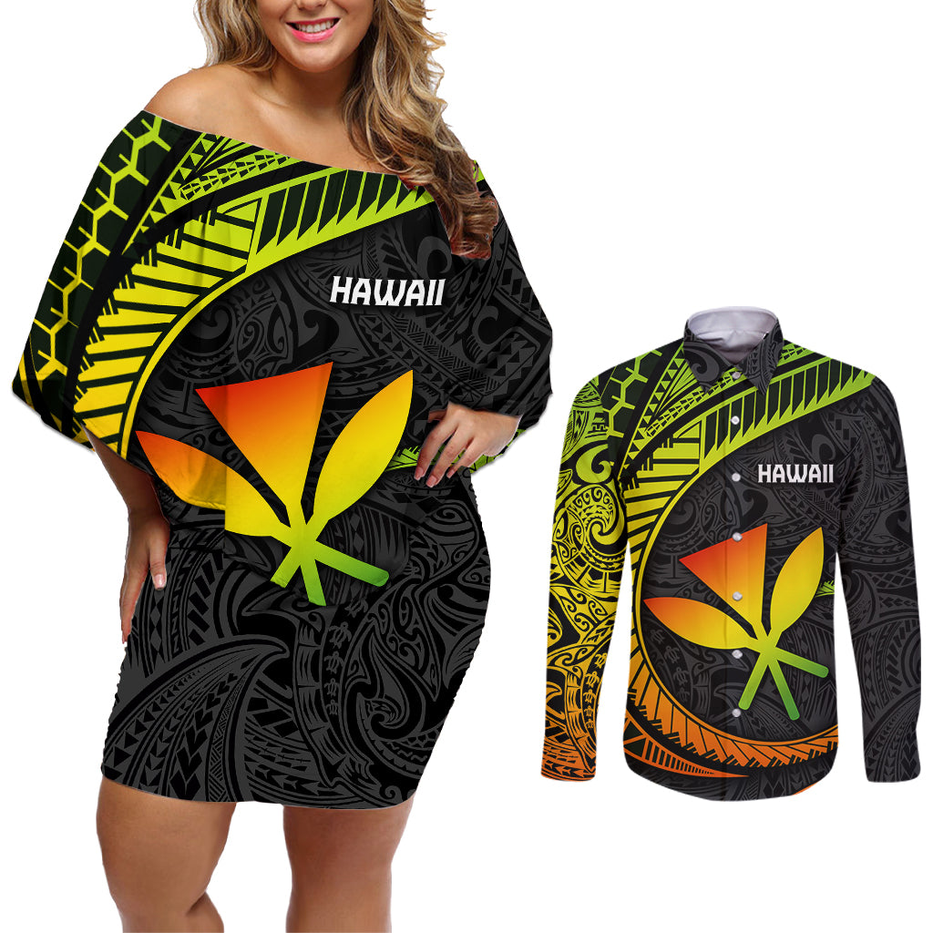 Hawaii Kanaka Maoli Couples Matching Off Shoulder Short Dress and Long Sleeve Button Shirts Polynesian Tornado Infusion Gradient - Wonder Print Shop