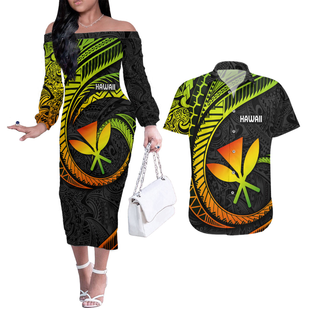 Hawaii Kanaka Maoli Couples Matching Off The Shoulder Long Sleeve Dress and Hawaiian Shirt Polynesian Tornado Infusion Gradient - Wonder Print Shop