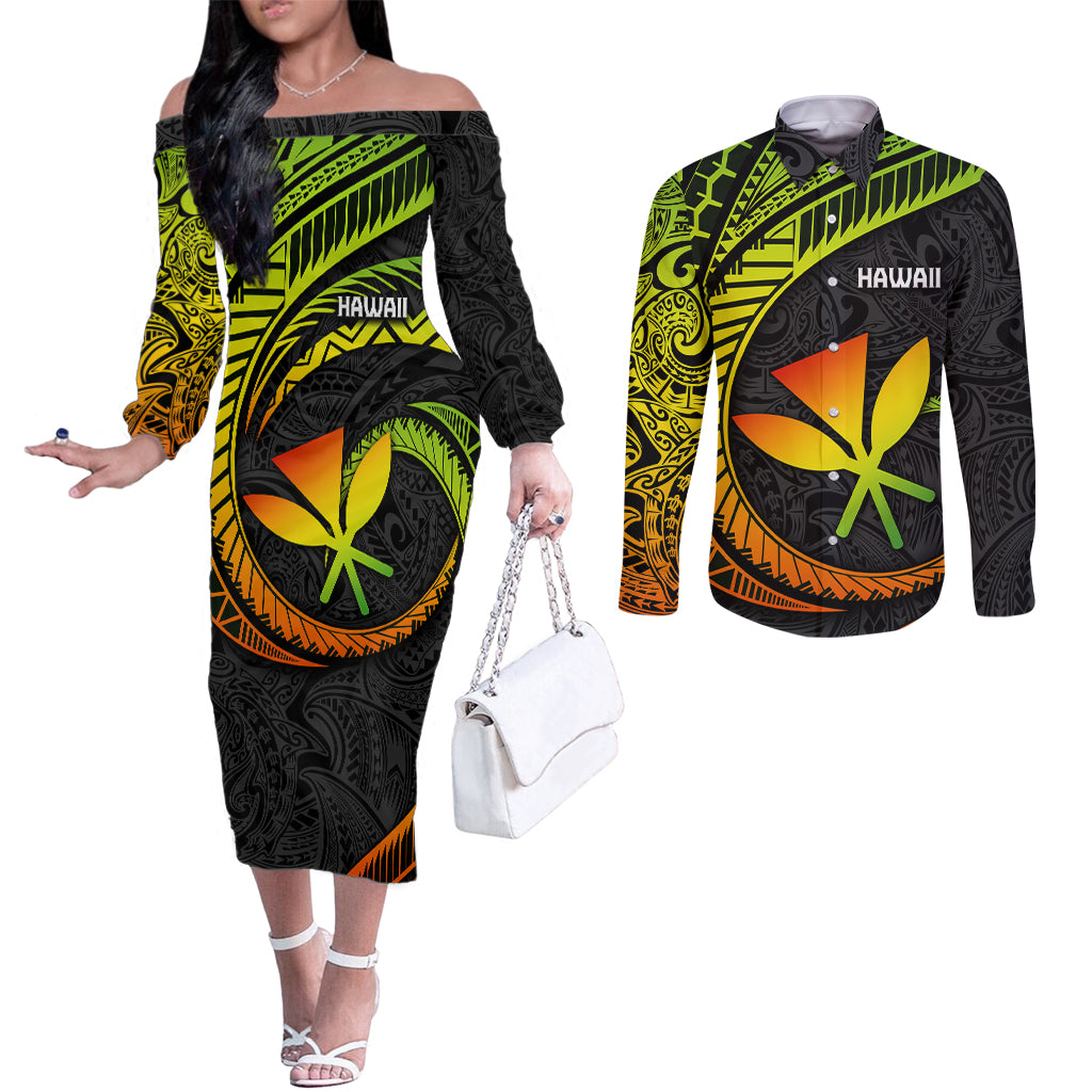 hawaii-kanaka-maoli-couples-matching-off-the-shoulder-long-sleeve-dress-and-long-sleeve-button-shirts-polynesian-tornado-infusion-gradient