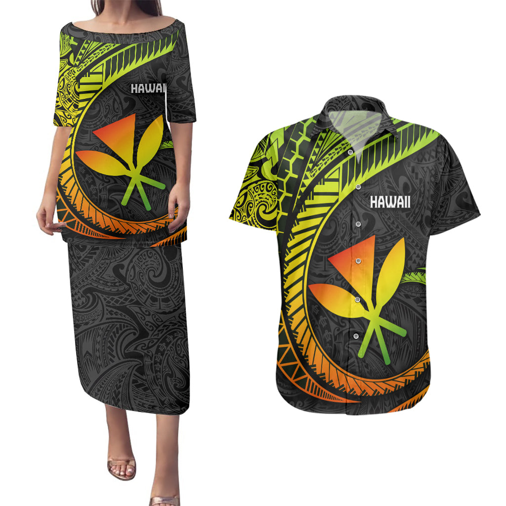 Hawaii Kanaka Maoli Couples Matching Puletasi Dress and Hawaiian Shirt Polynesian Tornado Infusion Gradient - Wonder Print Shop