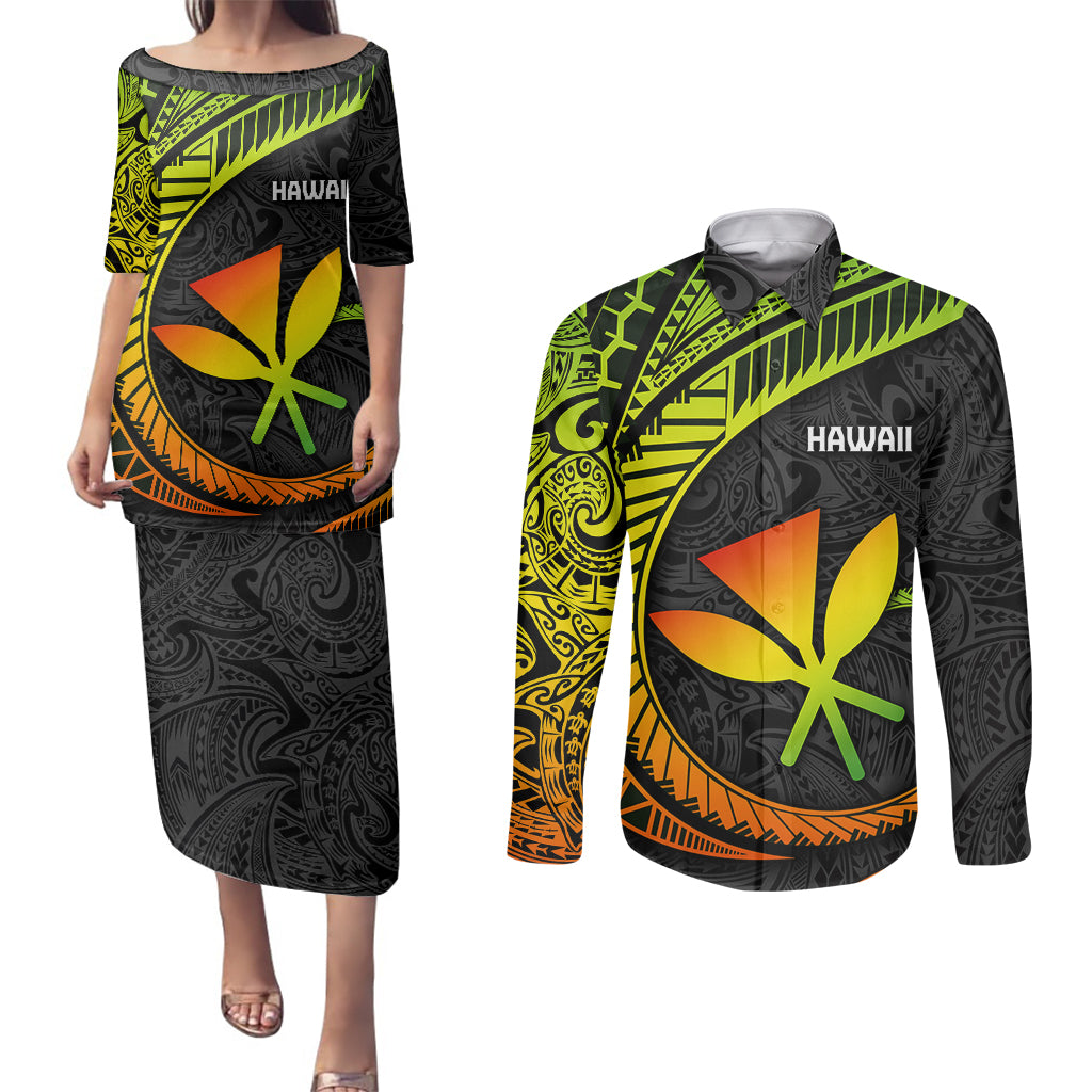 Hawaii Kanaka Maoli Couples Matching Puletasi Dress and Long Sleeve Button Shirts Polynesian Tornado Infusion Gradient - Wonder Print Shop