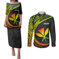 Hawaii Kanaka Maoli Couples Matching Puletasi Dress and Long Sleeve Button Shirts Polynesian Tornado Infusion Gradient - Wonder Print Shop