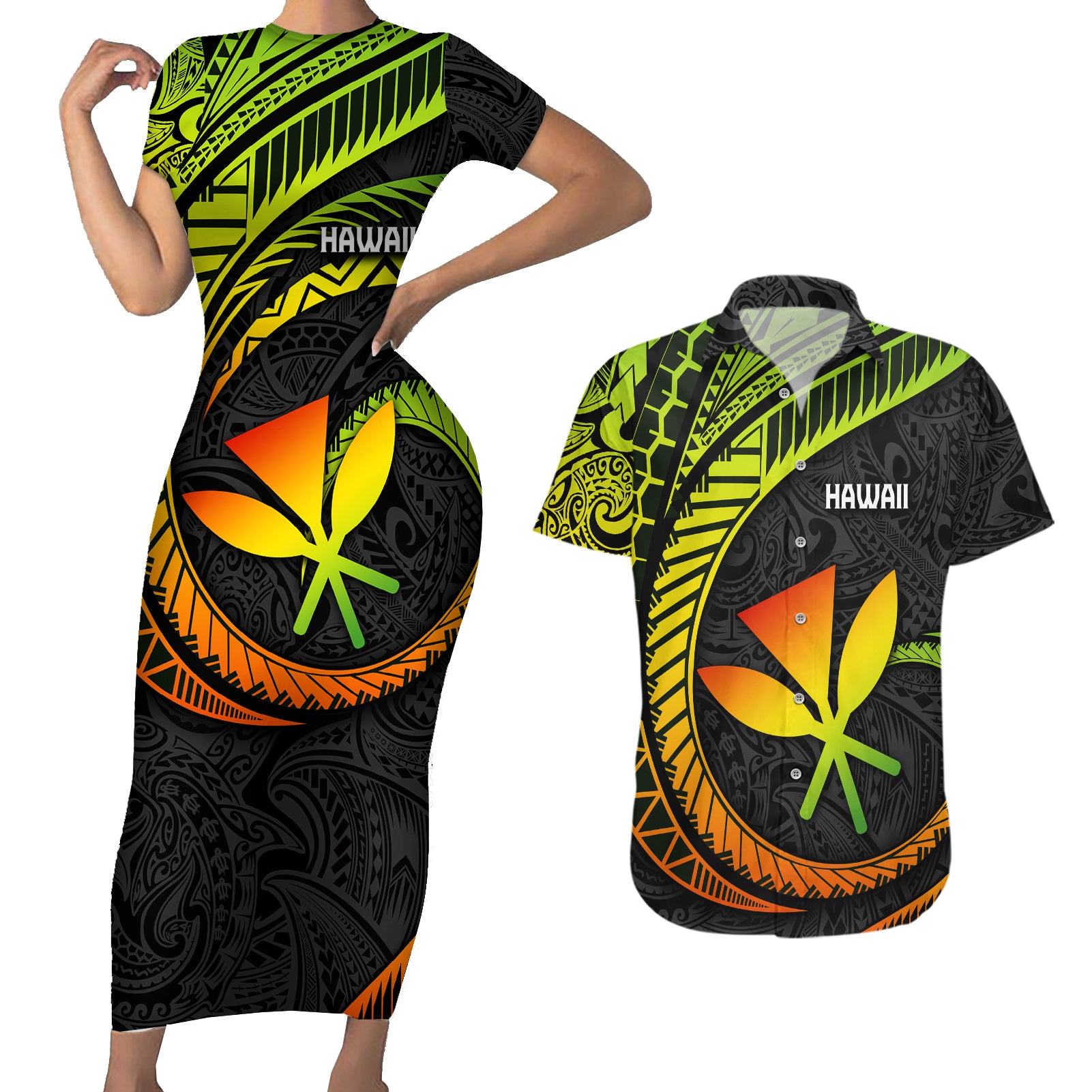 Hawaii Kanaka Maoli Couples Matching Short Sleeve Bodycon Dress and Hawaiian Shirt Polynesian Tornado Infusion Gradient - Wonder Print Shop