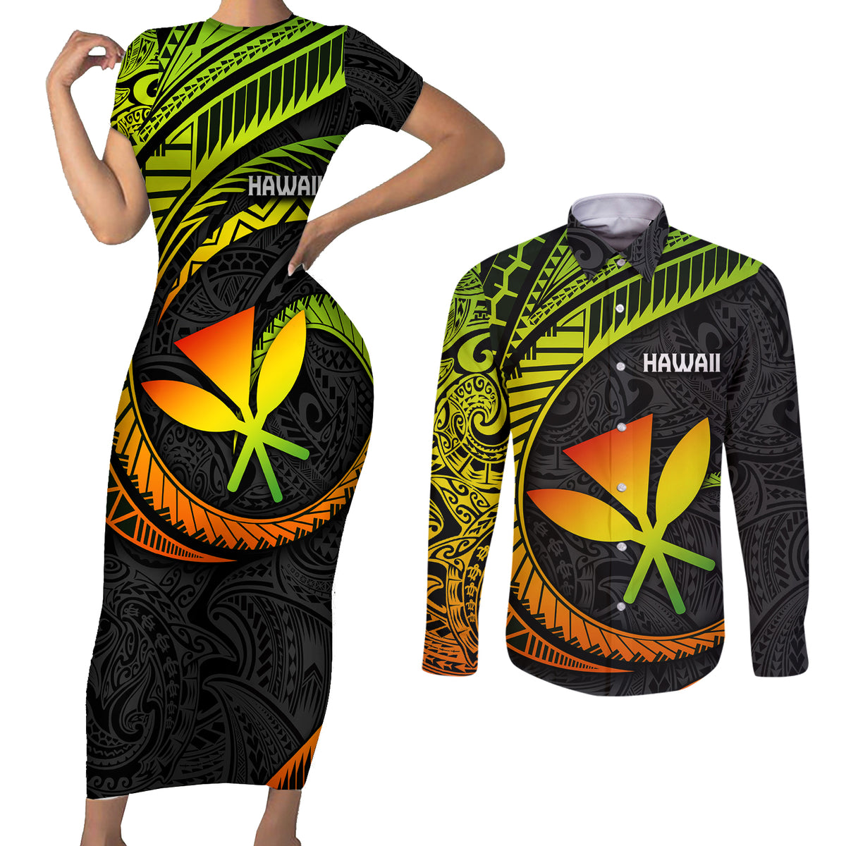 Hawaii Kanaka Maoli Couples Matching Short Sleeve Bodycon Dress and Long Sleeve Button Shirts Polynesian Tornado Infusion Gradient - Wonder Print Shop