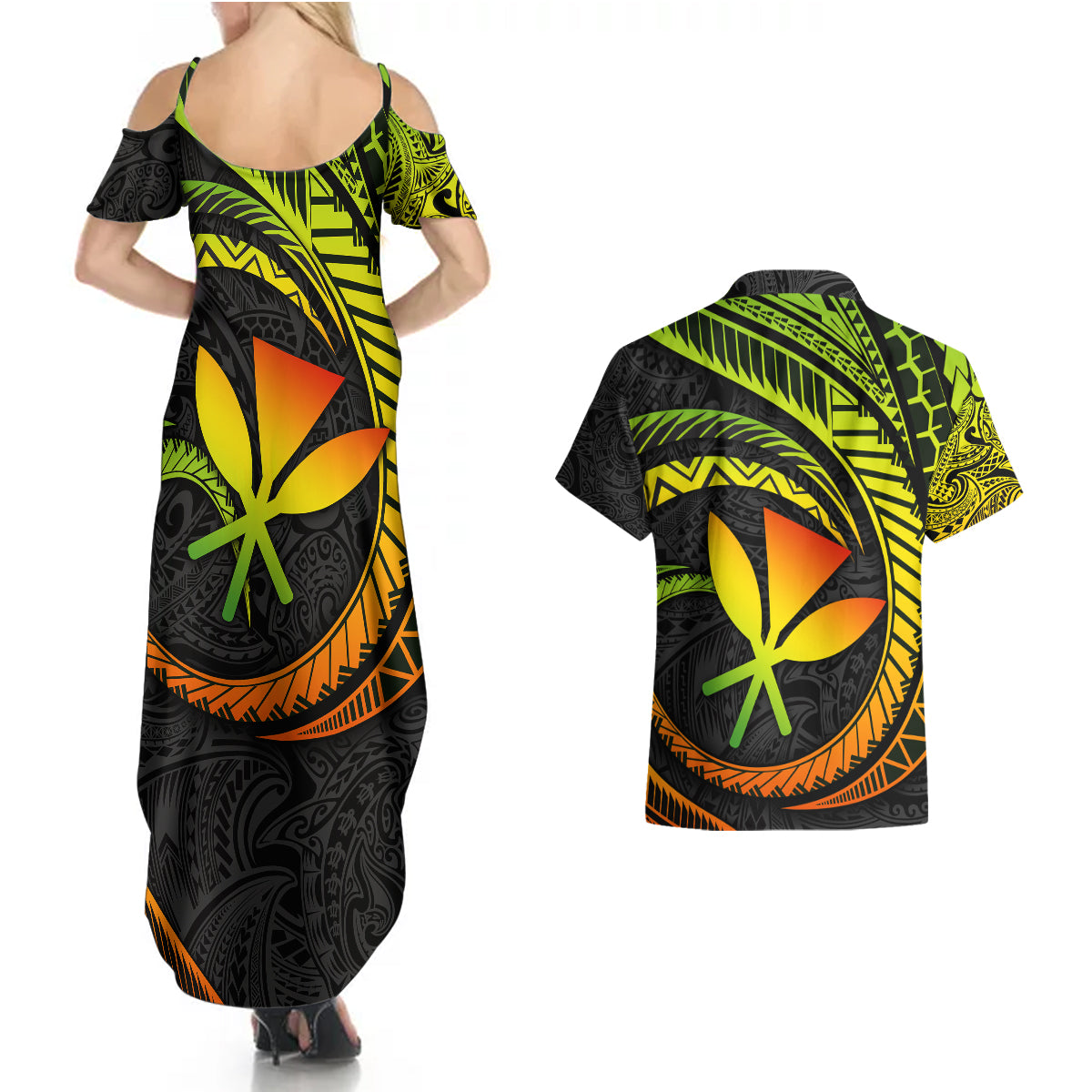 Hawaii Kanaka Maoli Couples Matching Summer Maxi Dress and Hawaiian Shirt Polynesian Tornado Infusion Gradient - Wonder Print Shop