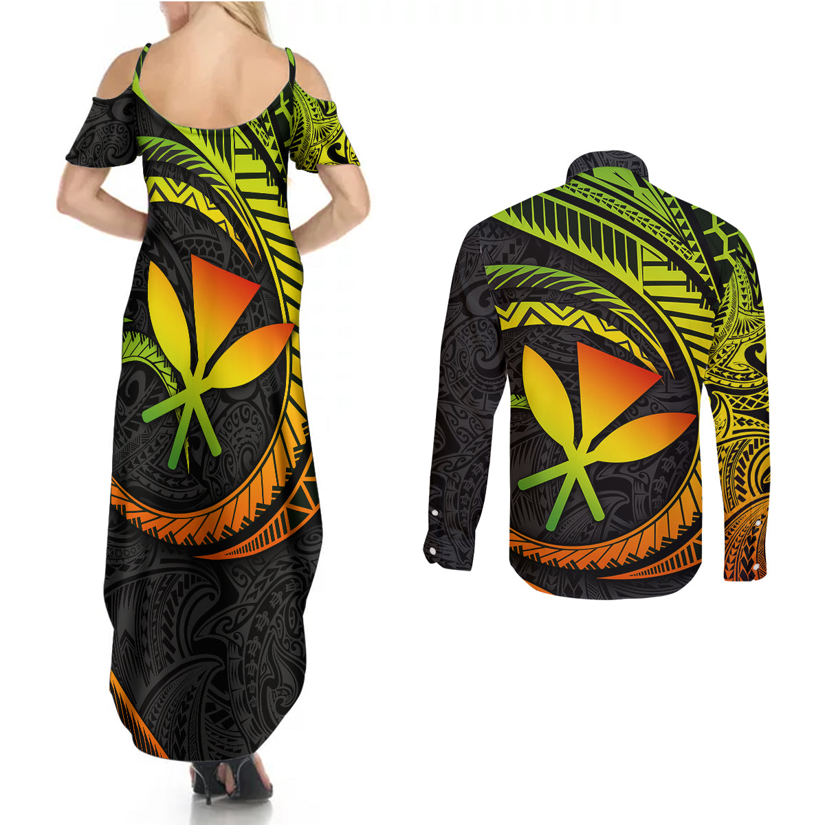 Hawaii Kanaka Maoli Couples Matching Summer Maxi Dress and Long Sleeve Button Shirts Polynesian Tornado Infusion Gradient - Wonder Print Shop