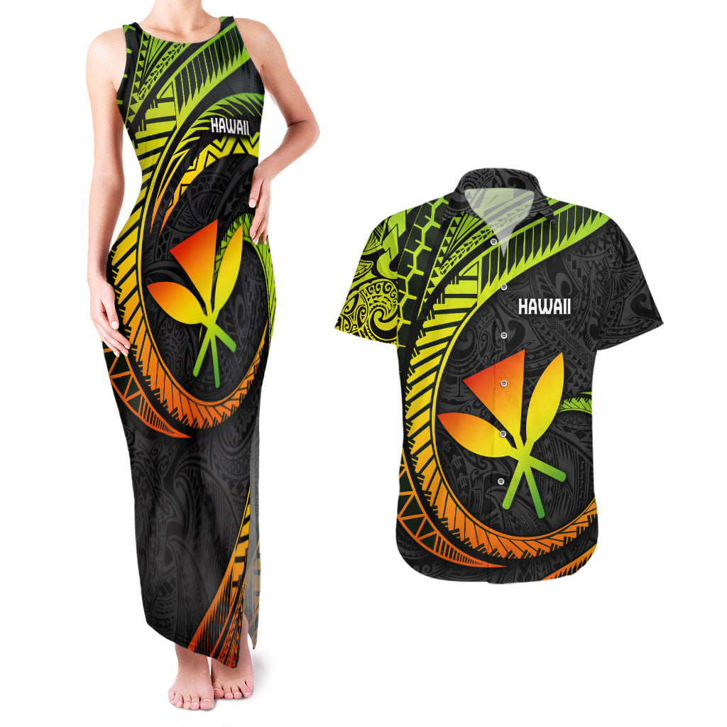 Hawaii Kanaka Maoli Couples Matching Tank Maxi Dress and Hawaiian Shirt Polynesian Tornado Infusion Gradient - Wonder Print Shop