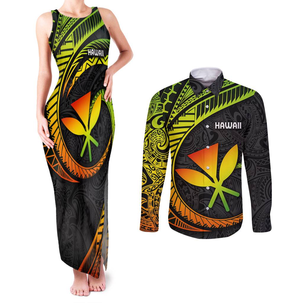Hawaii Kanaka Maoli Couples Matching Tank Maxi Dress and Long Sleeve Button Shirts Polynesian Tornado Infusion Gradient - Wonder Print Shop