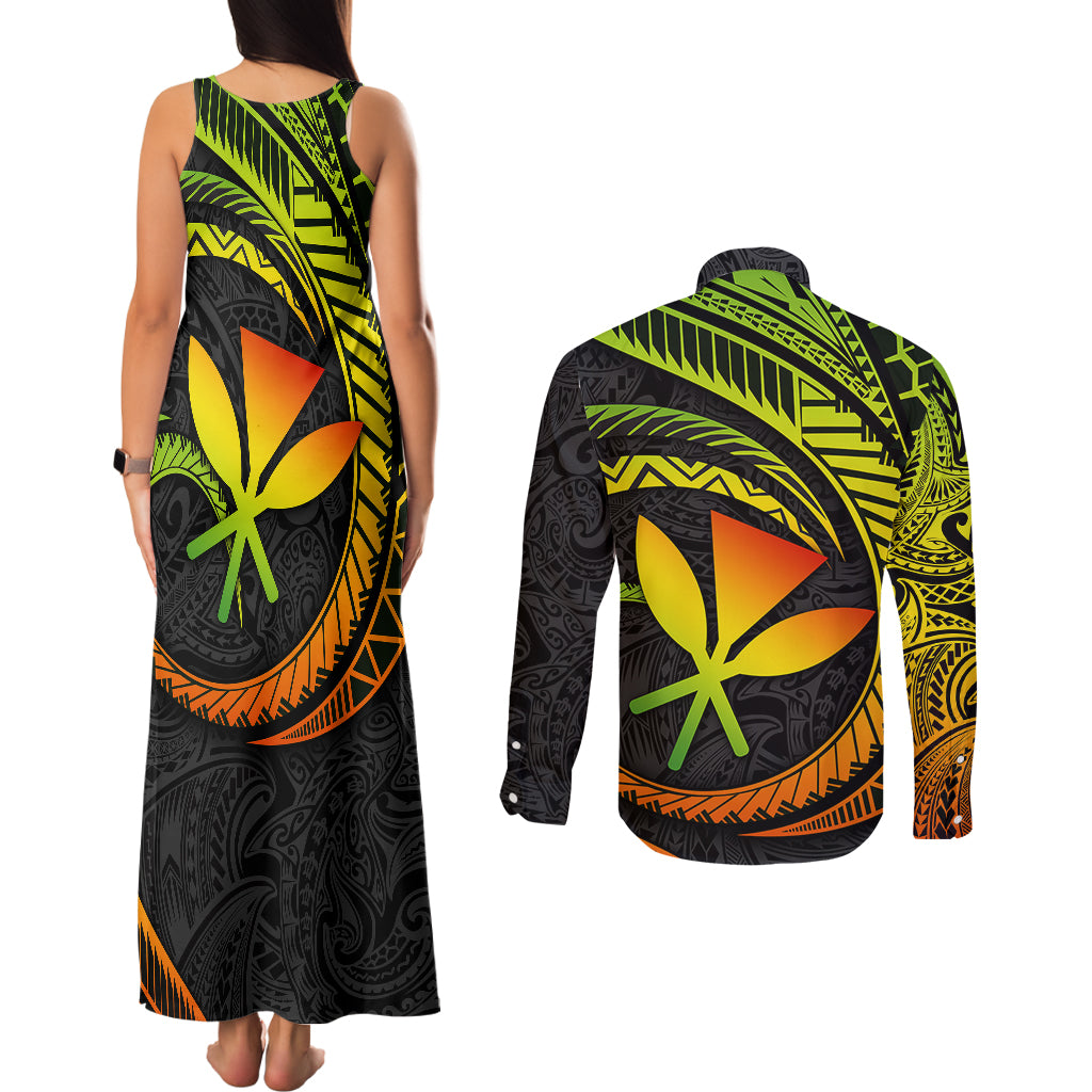 Hawaii Kanaka Maoli Couples Matching Tank Maxi Dress and Long Sleeve Button Shirts Polynesian Tornado Infusion Gradient - Wonder Print Shop
