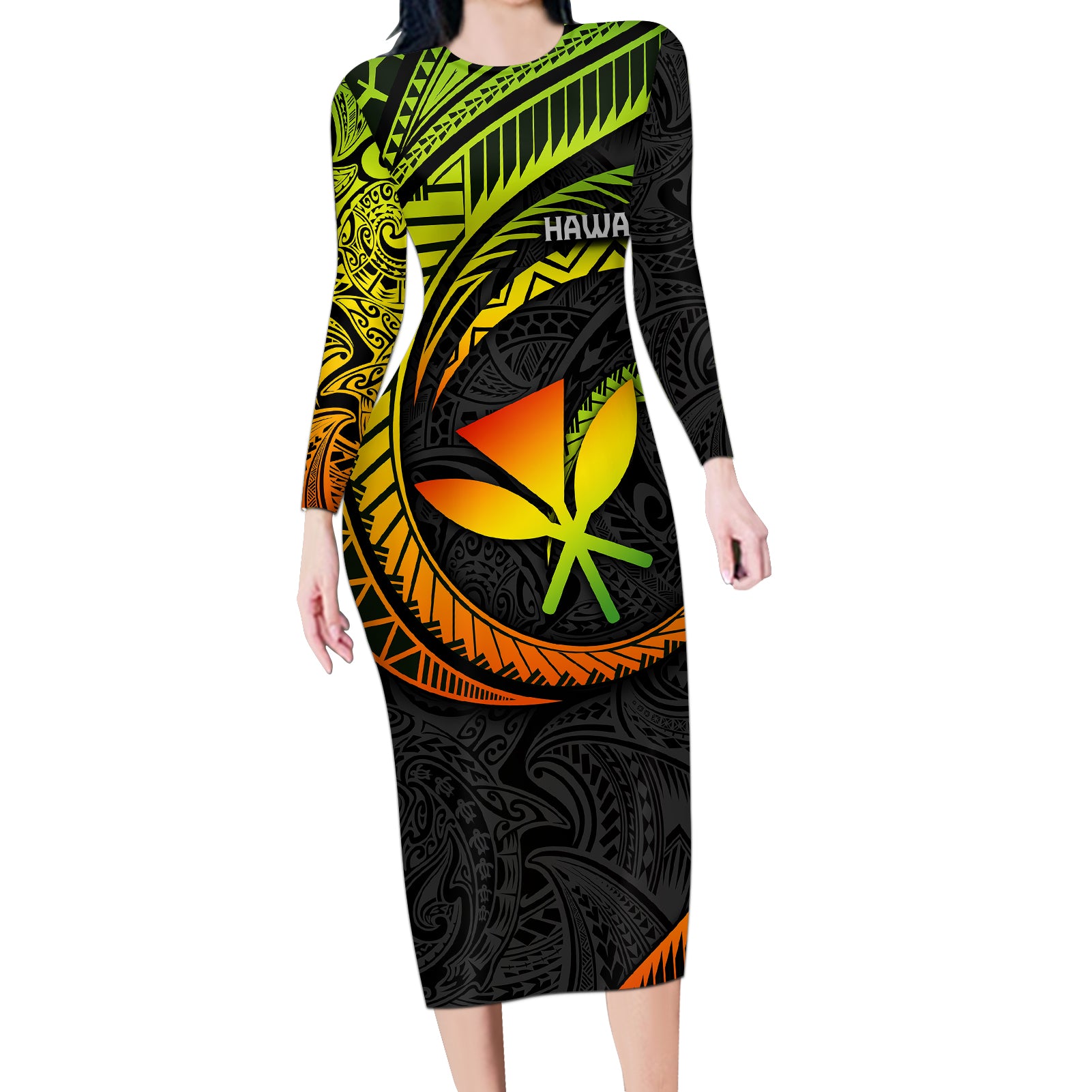 Hawaii Kanaka Maoli Long Sleeve Bodycon Dress Polynesian Tornado Infusion Gradient - Wonder Print Shop
