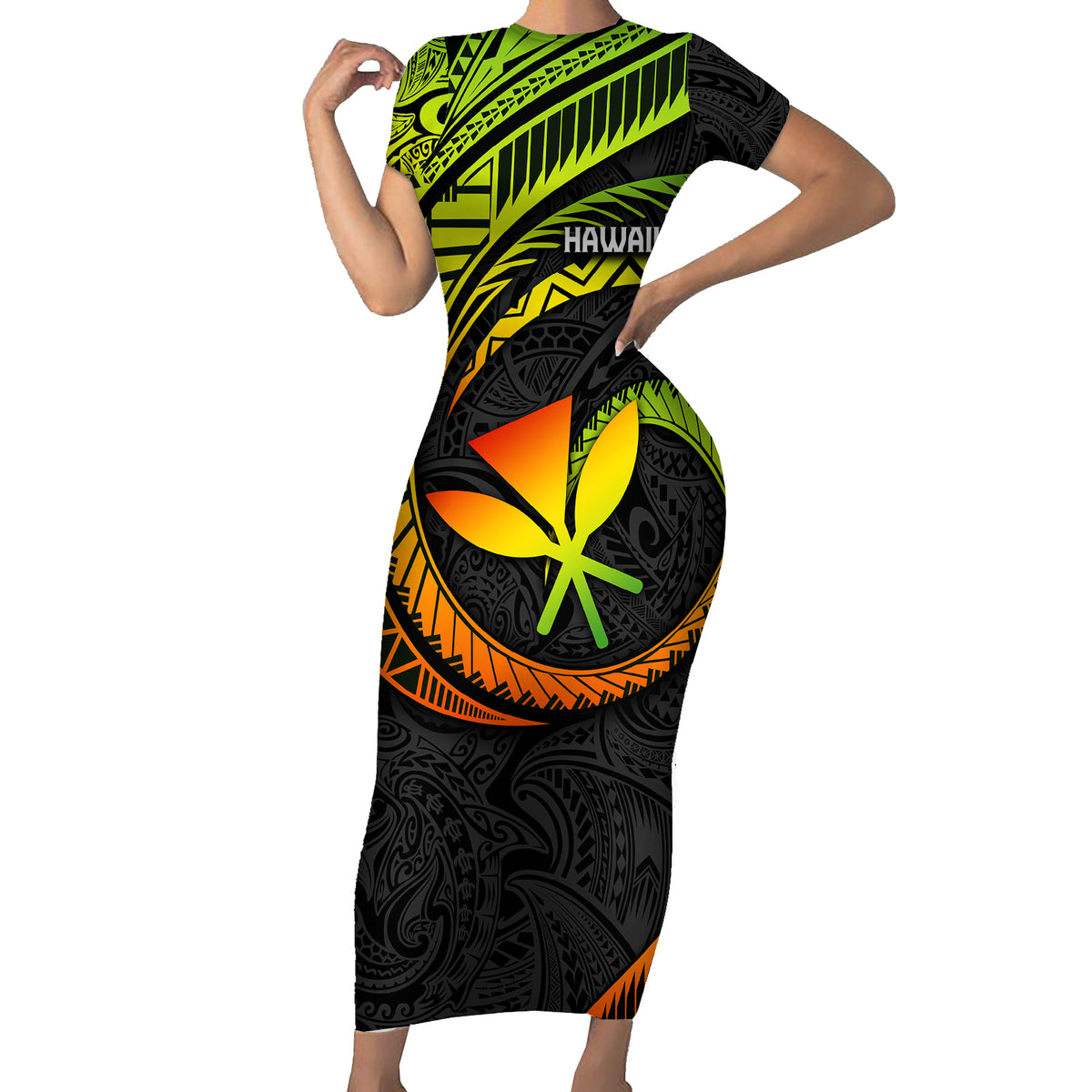 Hawaii Kanaka Maoli Short Sleeve Bodycon Dress Polynesian Tornado Infusion Gradient - Wonder Print Shop