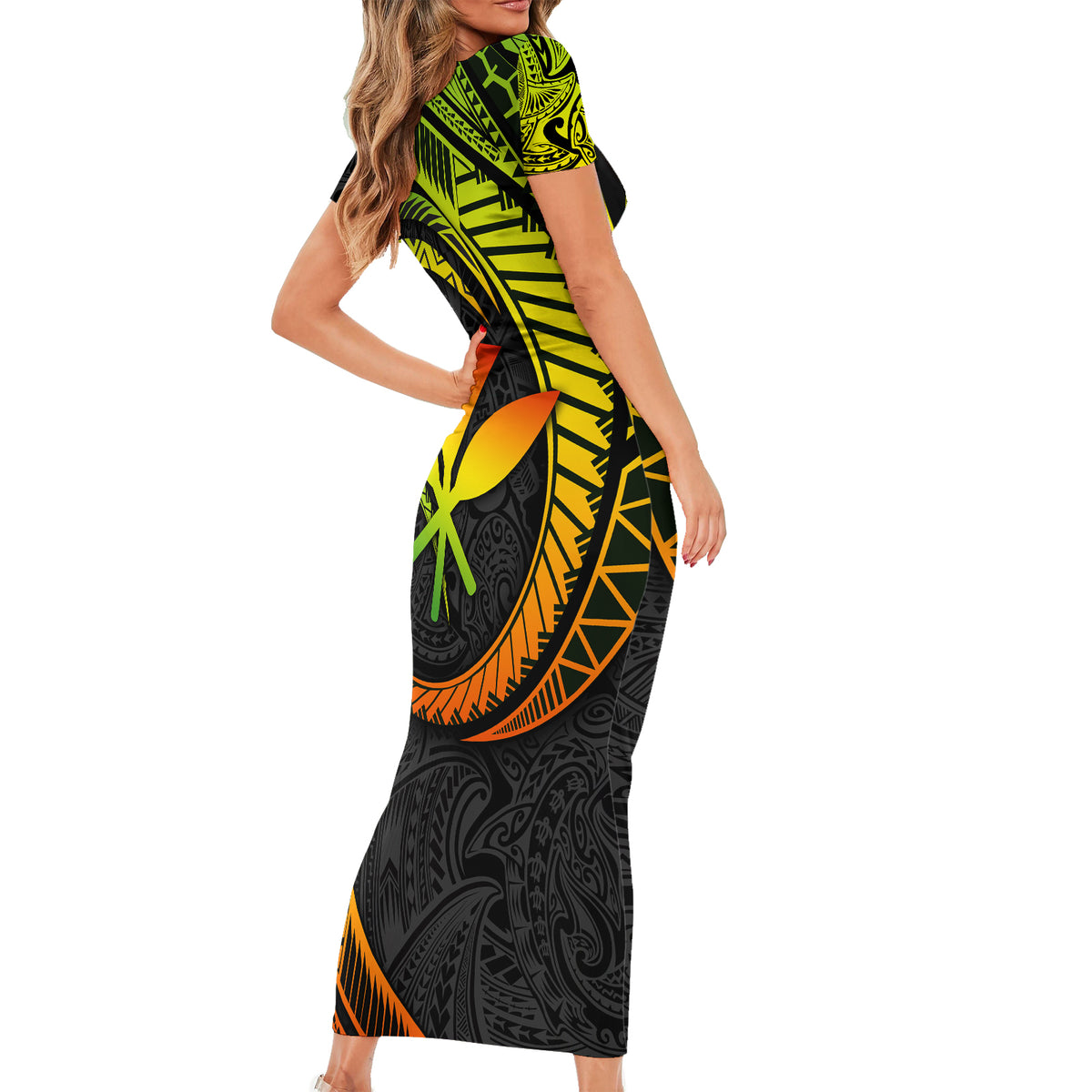 Hawaii Kanaka Maoli Short Sleeve Bodycon Dress Polynesian Tornado Infusion Gradient - Wonder Print Shop