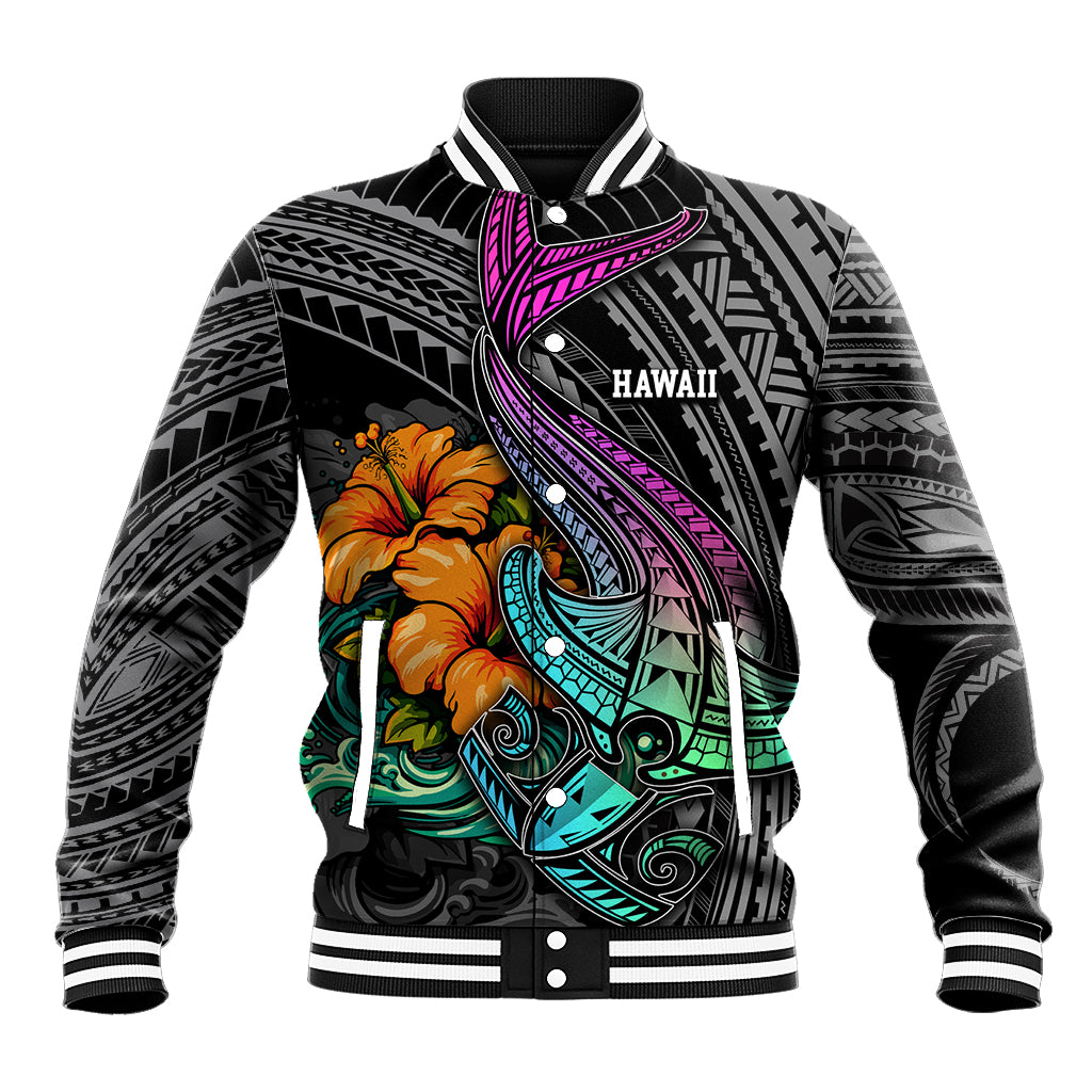 Hawaii Polynesian Baseball Jacket with Tribal Hammerhead Sharks and Hibiscus Black - Wonder Print Shop