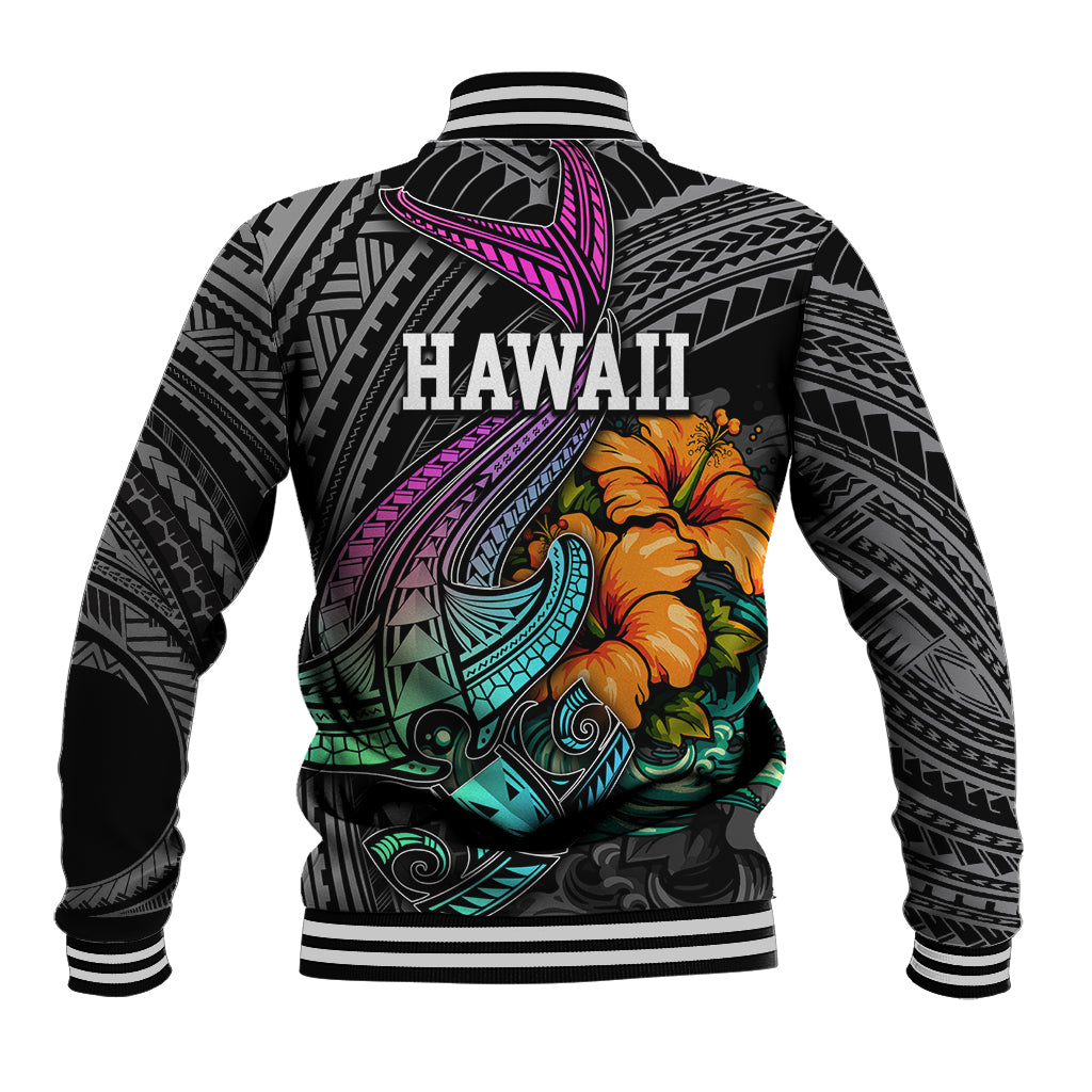 Hawaii Polynesian Baseball Jacket with Tribal Hammerhead Sharks and Hibiscus Black - Wonder Print Shop