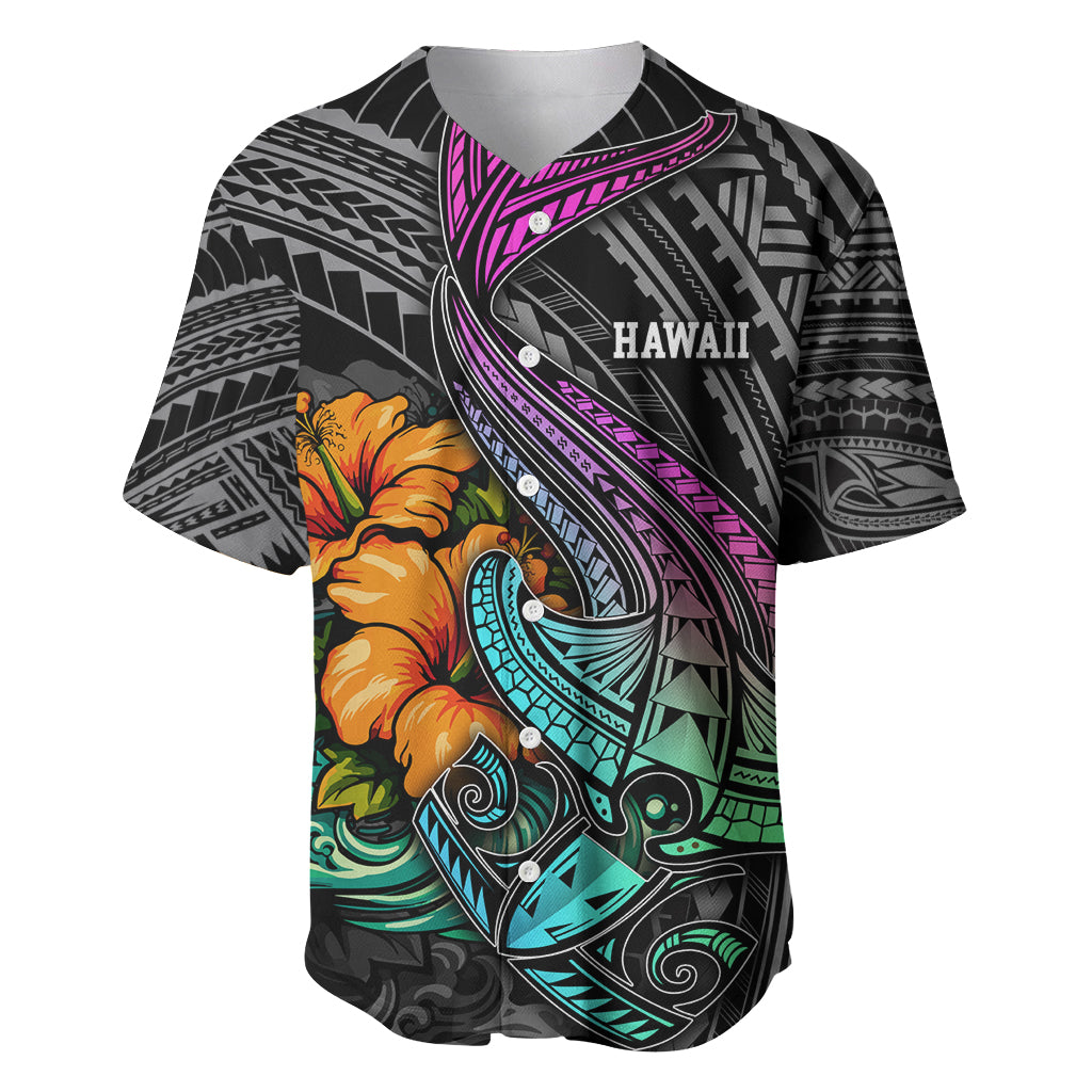 Hawaii Polynesian Baseball Jersey with Tribal Hammerhead Sharks and Hibiscus Black - Wonder Print Shop