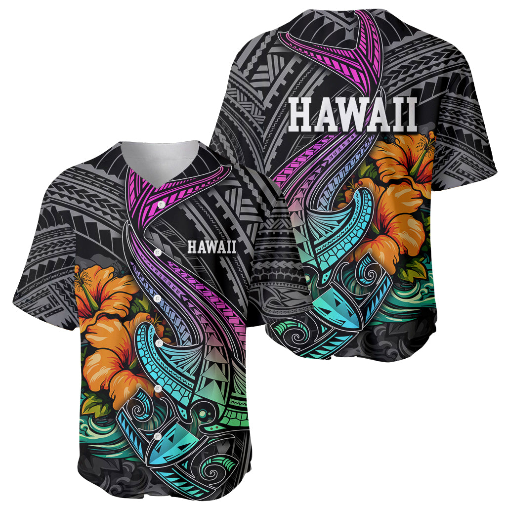Hawaii Polynesian Baseball Jersey with Tribal Hammerhead Sharks and Hibiscus Black - Wonder Print Shop