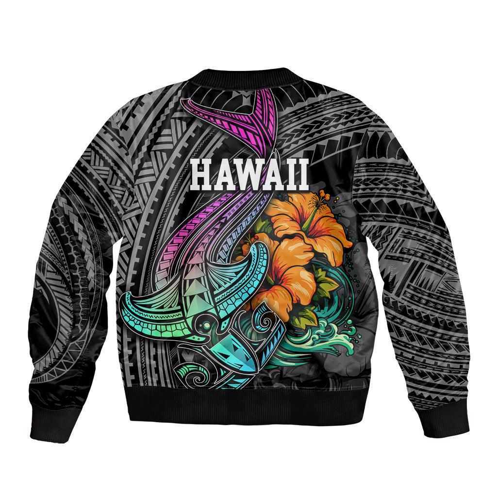 Hawaii Polynesian Bomber Jacket with Tribal Hammerhead Sharks and Hibiscus Black - Wonder Print Shop