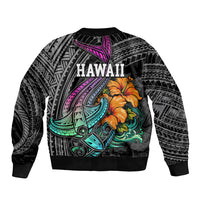 Hawaii Polynesian Bomber Jacket with Tribal Hammerhead Sharks and Hibiscus Black - Wonder Print Shop