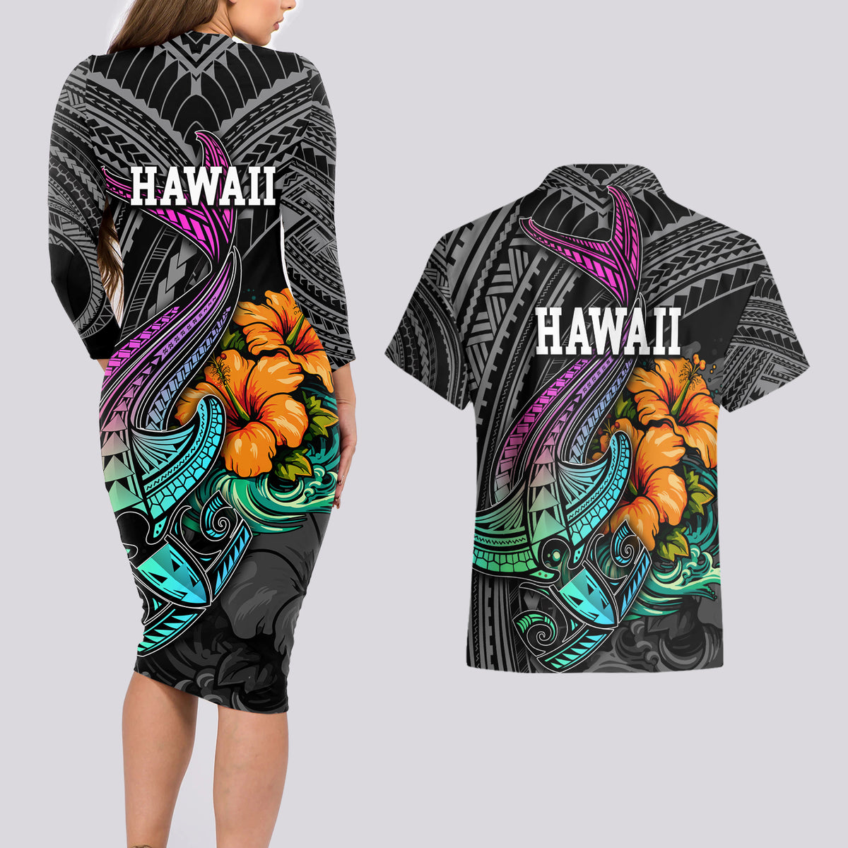 Hawaii Polynesian Couples Matching Long Sleeve Bodycon Dress and Hawaiian Shirt with Tribal Hammerhead Sharks and Hibiscus Black - Wonder Print Shop
