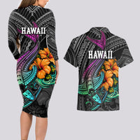Hawaii Polynesian Couples Matching Long Sleeve Bodycon Dress and Hawaiian Shirt with Tribal Hammerhead Sharks and Hibiscus Black - Wonder Print Shop