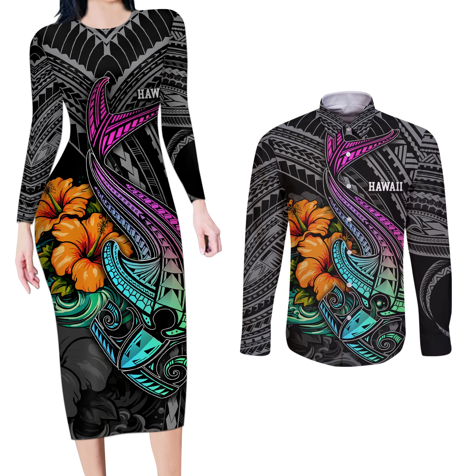 Hawaii Polynesian Couples Matching Long Sleeve Bodycon Dress and Long Sleeve Button Shirt with Tribal Hammerhead Sharks and Hibiscus Black - Wonder Print Shop