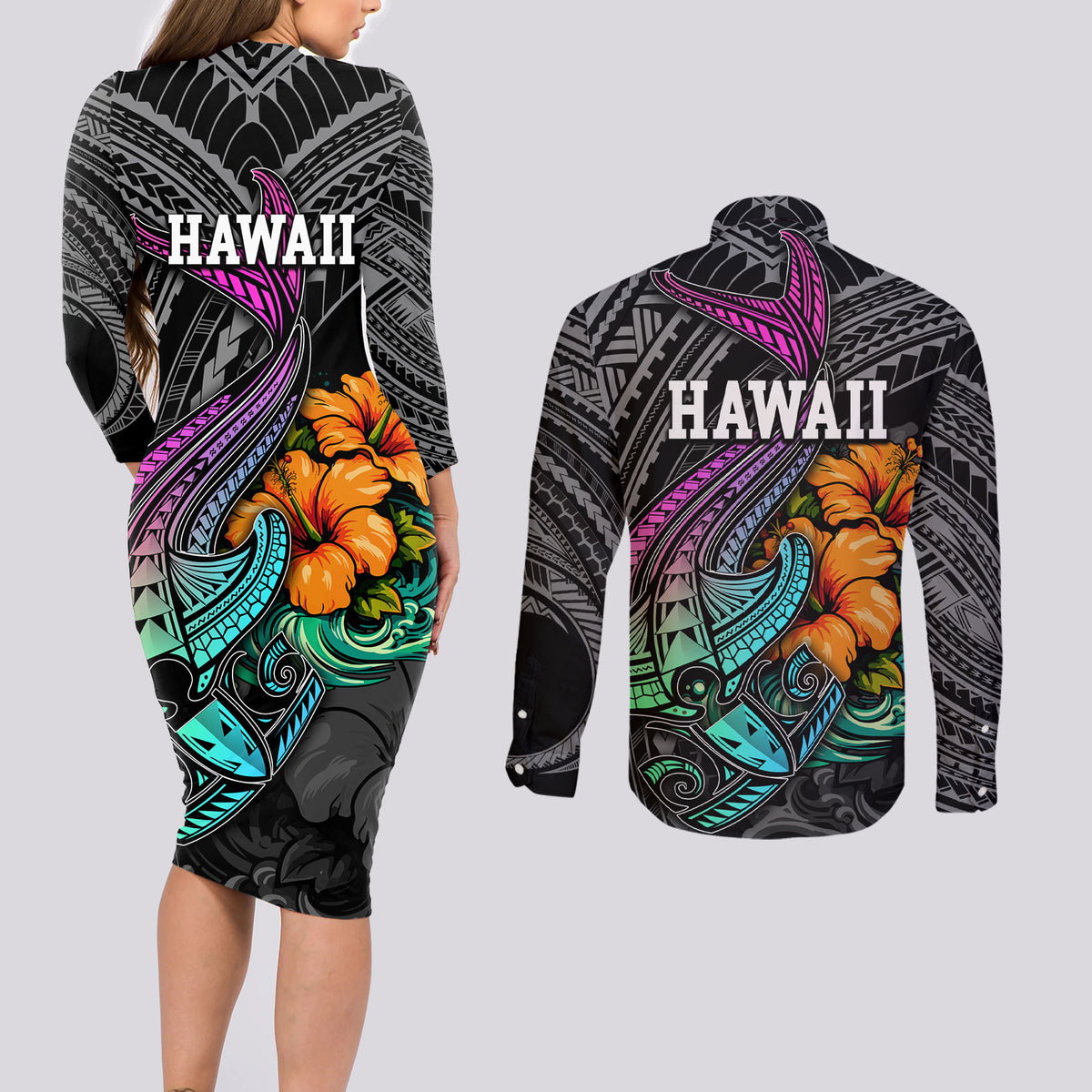 Hawaii Polynesian Couples Matching Long Sleeve Bodycon Dress and Long Sleeve Button Shirt with Tribal Hammerhead Sharks and Hibiscus Black - Wonder Print Shop