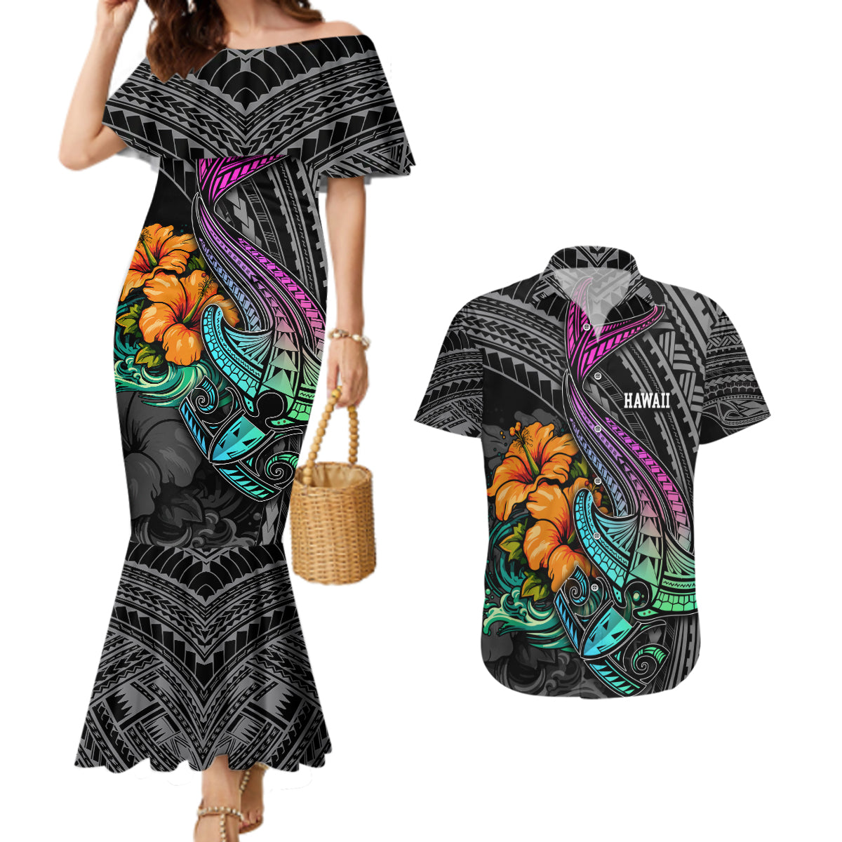 Hawaii Polynesian Couples Matching Mermaid Dress and Hawaiian Shirt with Tribal Hammerhead Sharks and Hibiscus Black - Wonder Print Shop