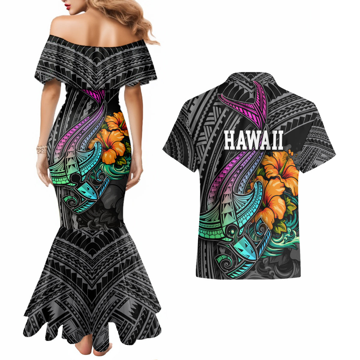 Hawaii Polynesian Couples Matching Mermaid Dress and Hawaiian Shirt with Tribal Hammerhead Sharks and Hibiscus Black - Wonder Print Shop