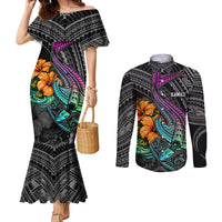 hawaii-polynesian-couples-matching-mermaid-dress-and-long-sleeve-button-shirt-with-tribal-hammerhead-sharks-and-hibiscus-black