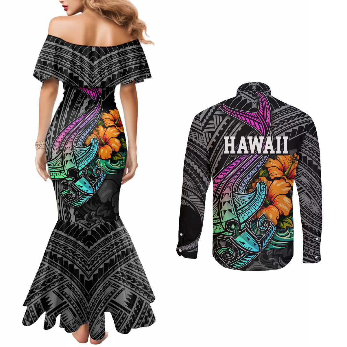hawaii-polynesian-couples-matching-mermaid-dress-and-long-sleeve-button-shirt-with-tribal-hammerhead-sharks-and-hibiscus-black