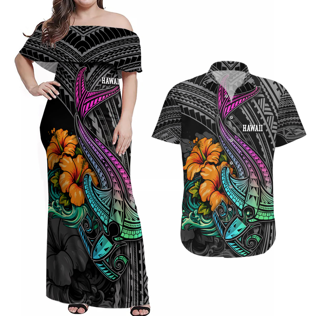Hawaii Polynesian Couples Matching Off Shoulder Maxi Dress and Hawaiian Shirt with Tribal Hammerhead Sharks and Hibiscus Black - Wonder Print Shop