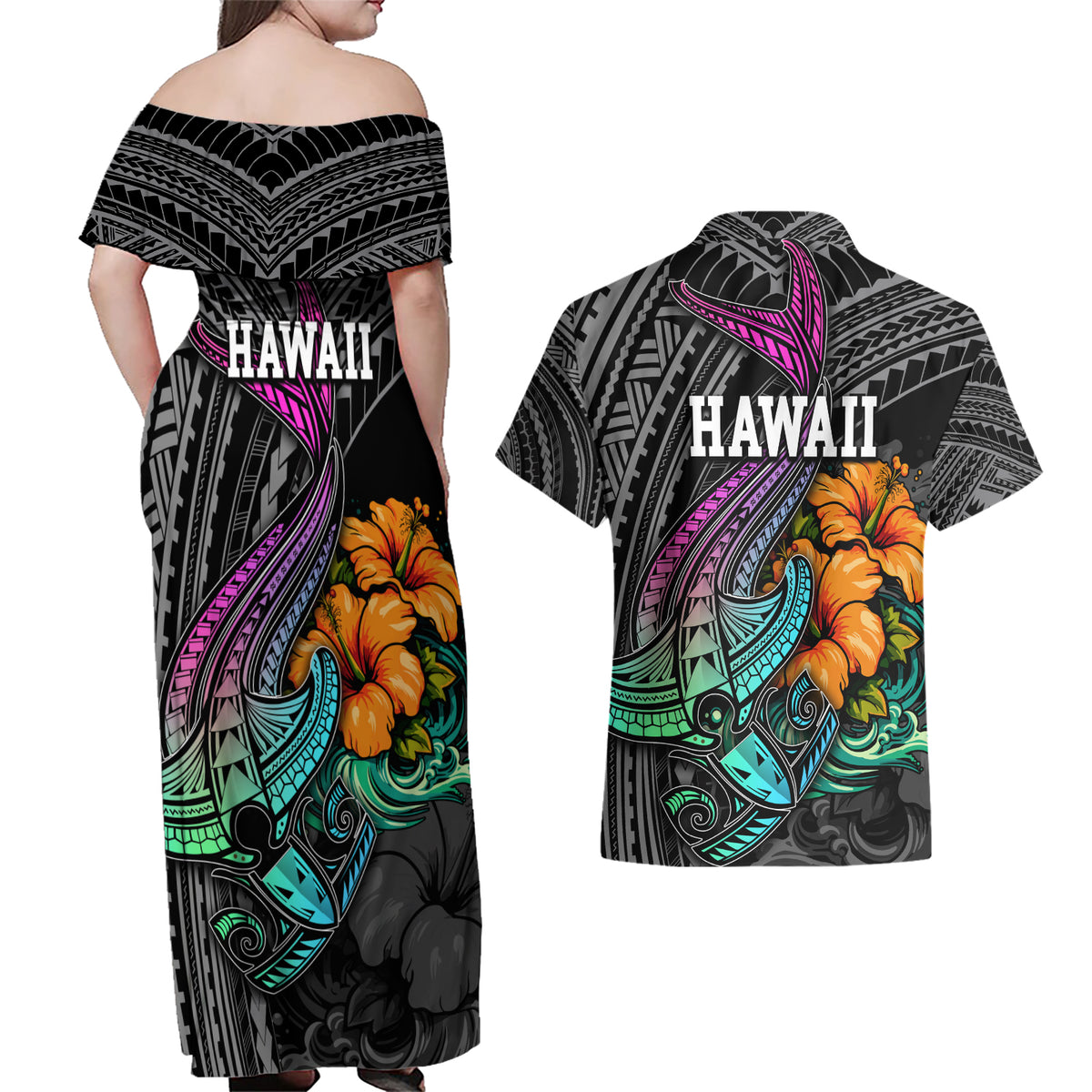 Hawaii Polynesian Couples Matching Off Shoulder Maxi Dress and Hawaiian Shirt with Tribal Hammerhead Sharks and Hibiscus Black - Wonder Print Shop