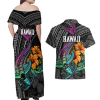 Hawaii Polynesian Couples Matching Off Shoulder Maxi Dress and Hawaiian Shirt with Tribal Hammerhead Sharks and Hibiscus Black - Wonder Print Shop